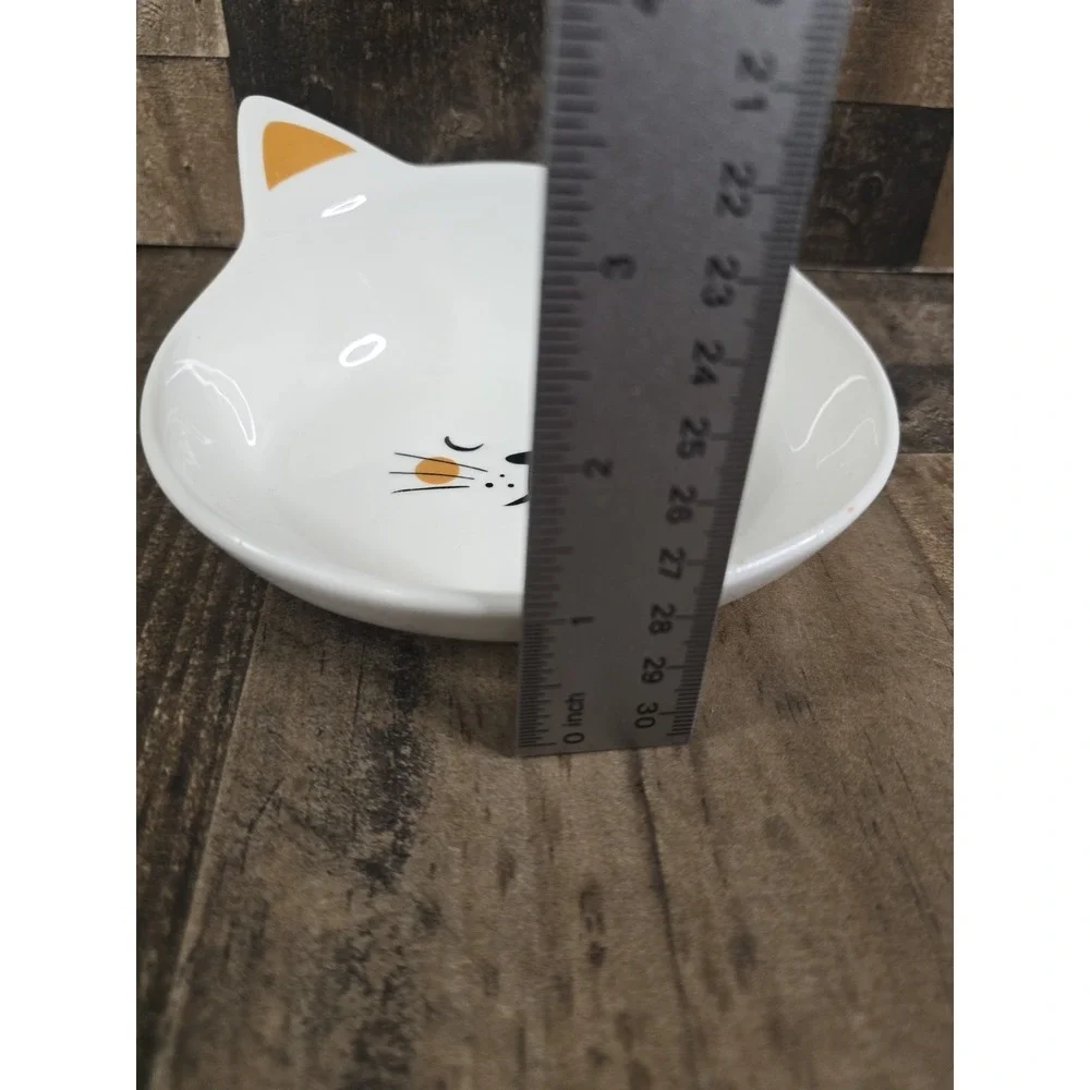 White Ceramic Cat Face Bowl Brown Ears Pet Food Dish Trinket Tray 5.5 Inch
